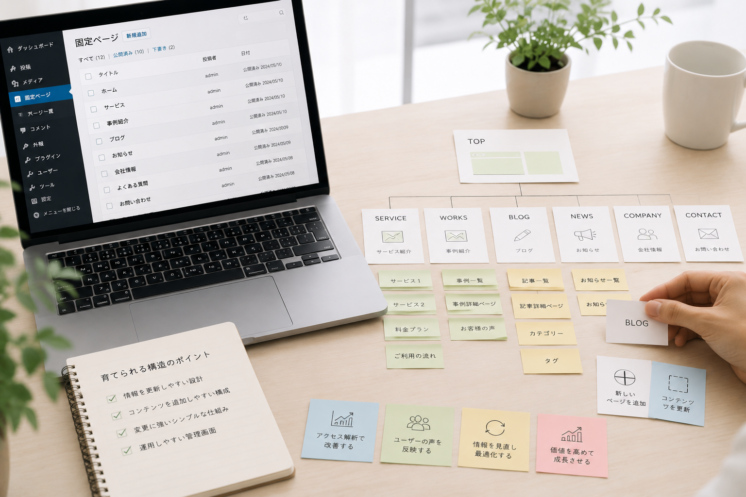 Webサイトのページ構成やコンテンツを整理し、更新しやすい構造を検討している様子